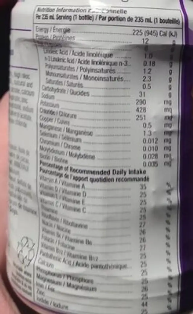 Ensure nutrition facts table