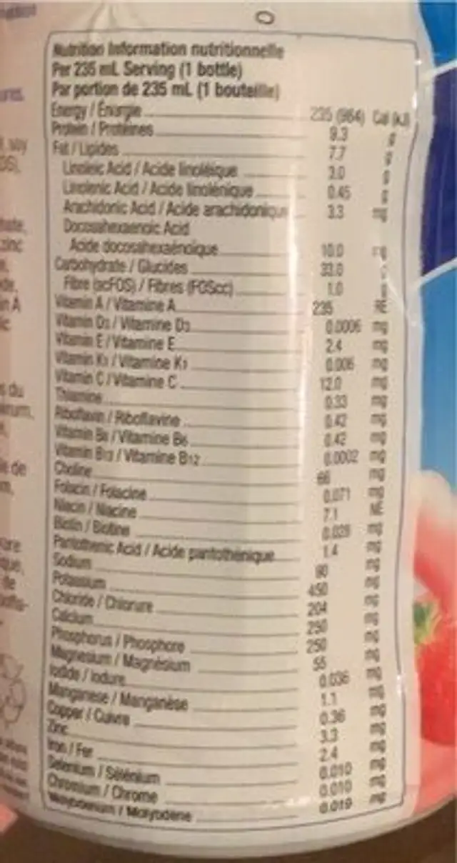 Pediasure complete nutrition facts table