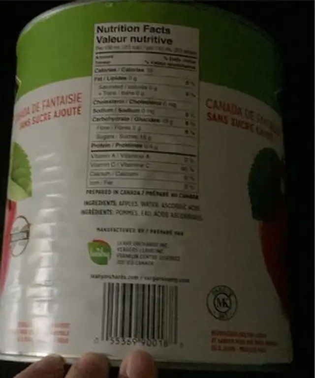 Puree de pommes non sucre nutrition facts table