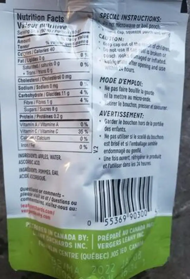 Applenax nutrition facts table