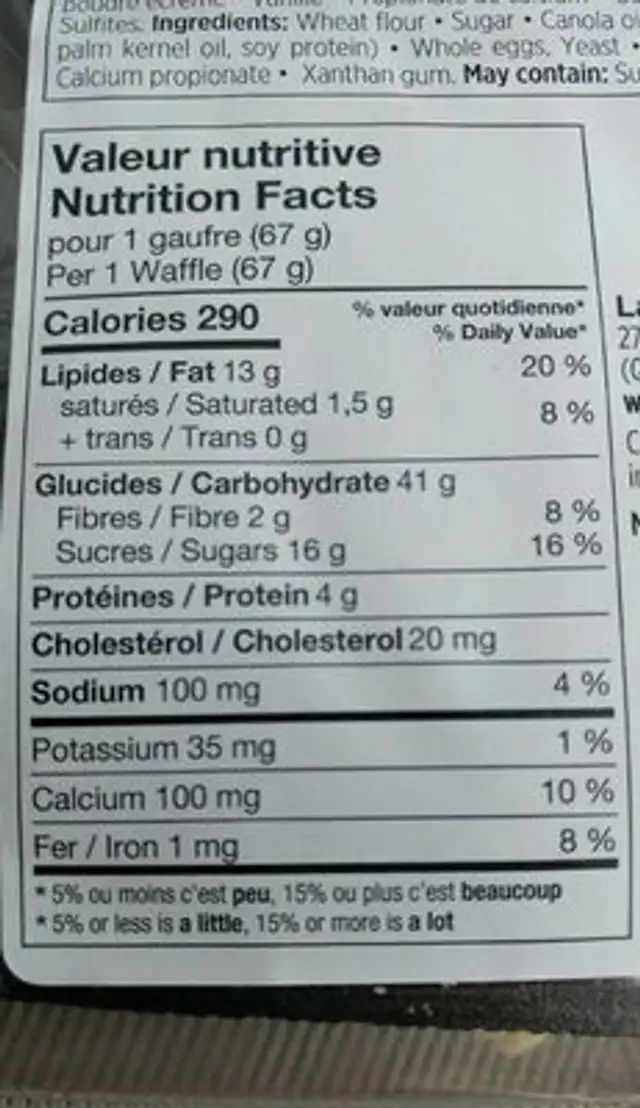 Liege Waffle nutrition facts table
