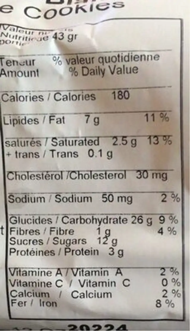 Galette blanche nutrition facts table