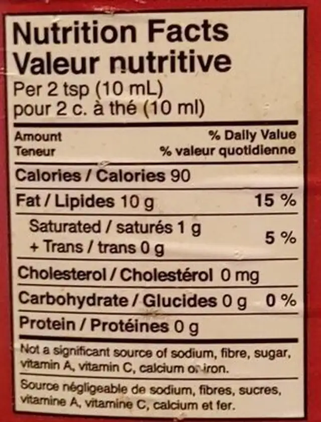 Huile végétale nutrition facts table