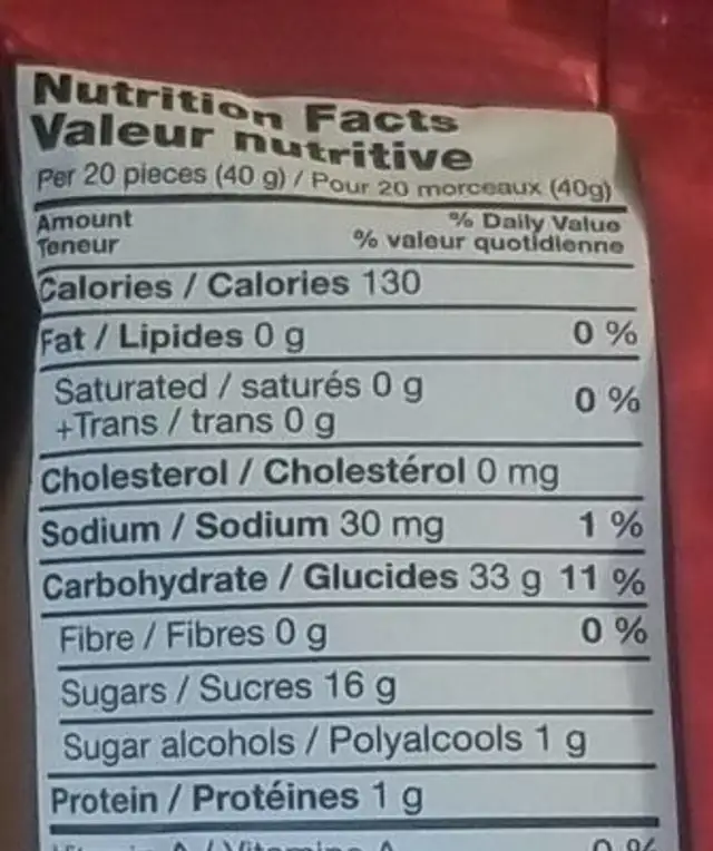Carrés fraise sure nutrition facts table