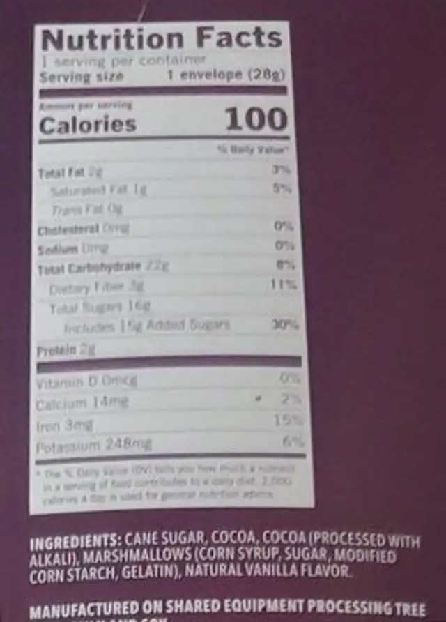 Hot Cocoa nutrition facts table