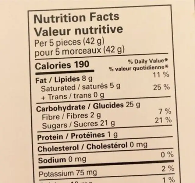 Chocolat aromatisés à la liqueur nutrition facts table