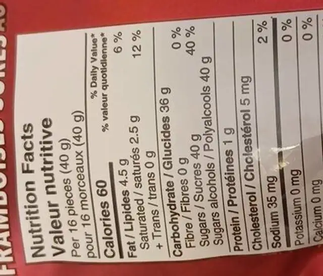 Framboise sures au chocolat au lait nutrition facts table