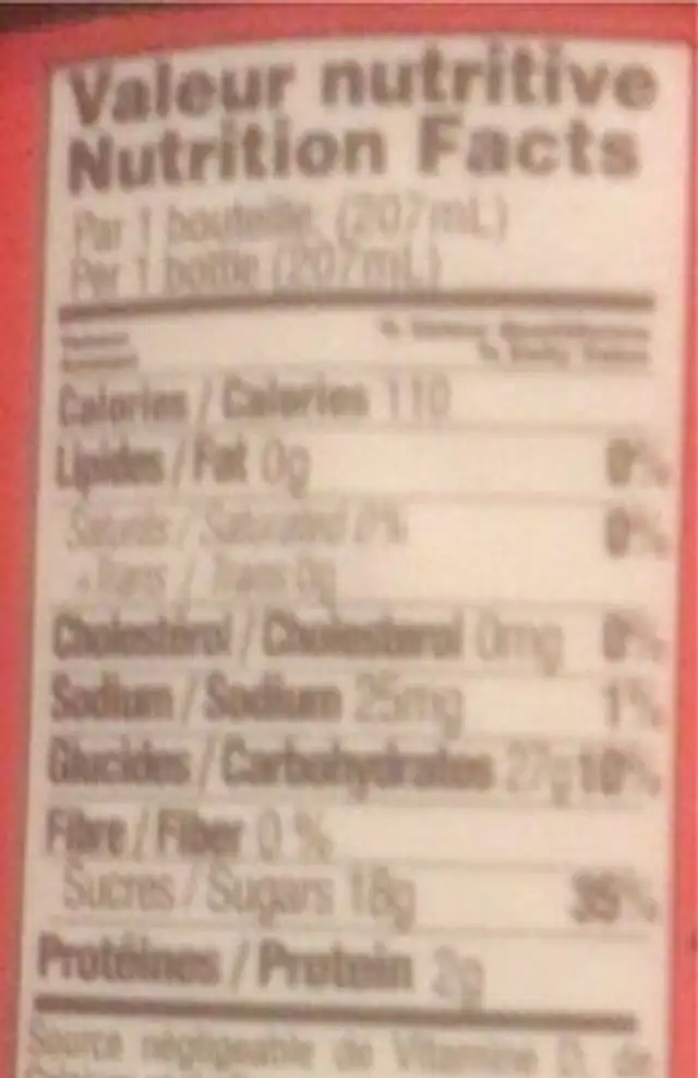 Boisson nutrition facts table