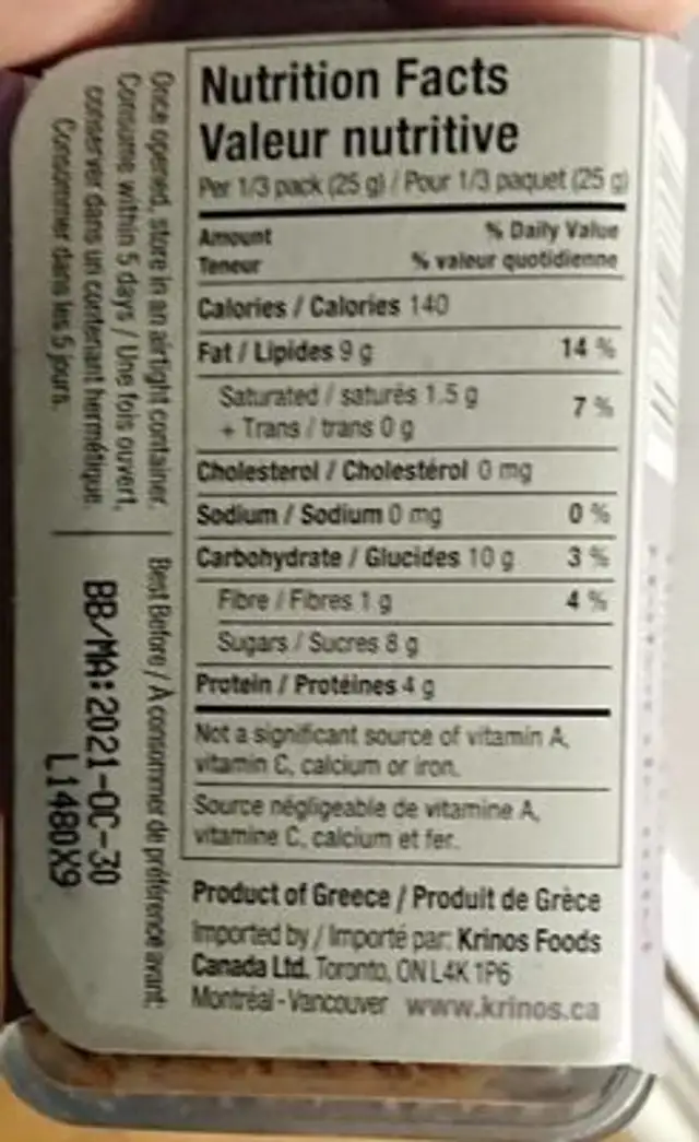 Halva with cocoa nutrition facts table