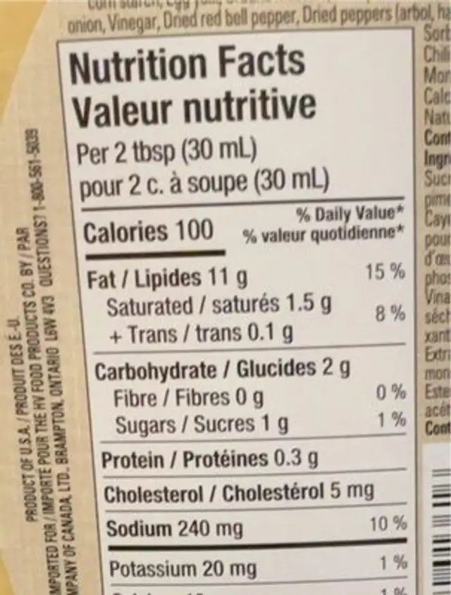 Spicy Ranch nutrition facts table