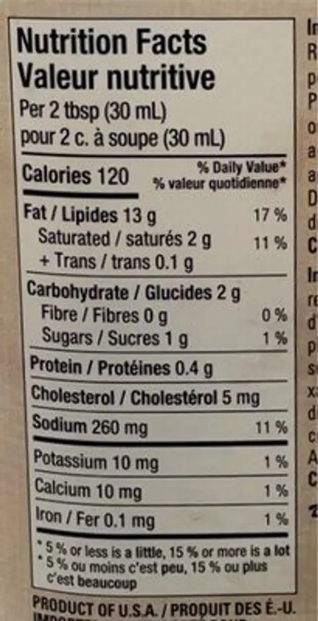 Original Ranch nutrition facts table