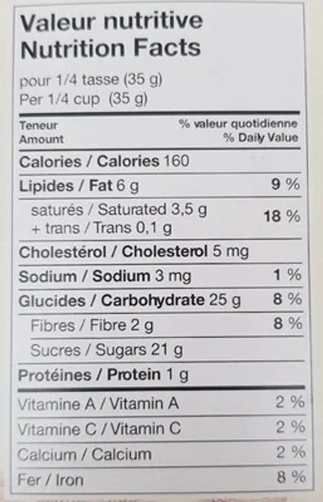 Canneberges enrobées de chocolat noir nutrition facts table