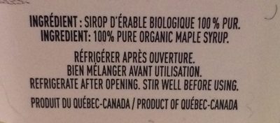 Beurre d’érable ingredients label