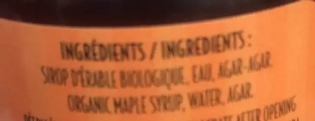 Gelée d'érable ingredients label