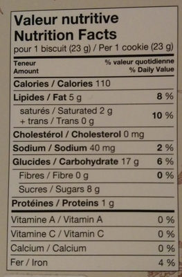 Biscuit a la creme d'erable nutrition facts table