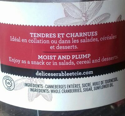 canneberges séchées sucrées entières ingredients label