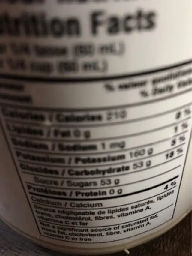 Sirop d'erable nutrition facts table