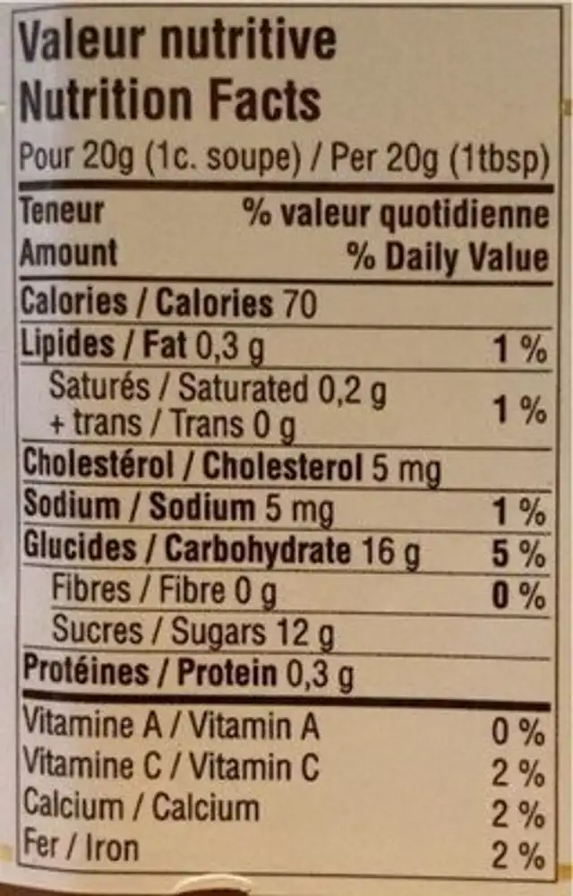 Caramel crémeux à l’érable nutrition facts table