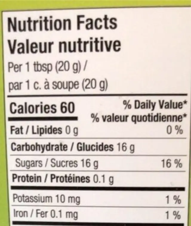 Miel nutrition facts table