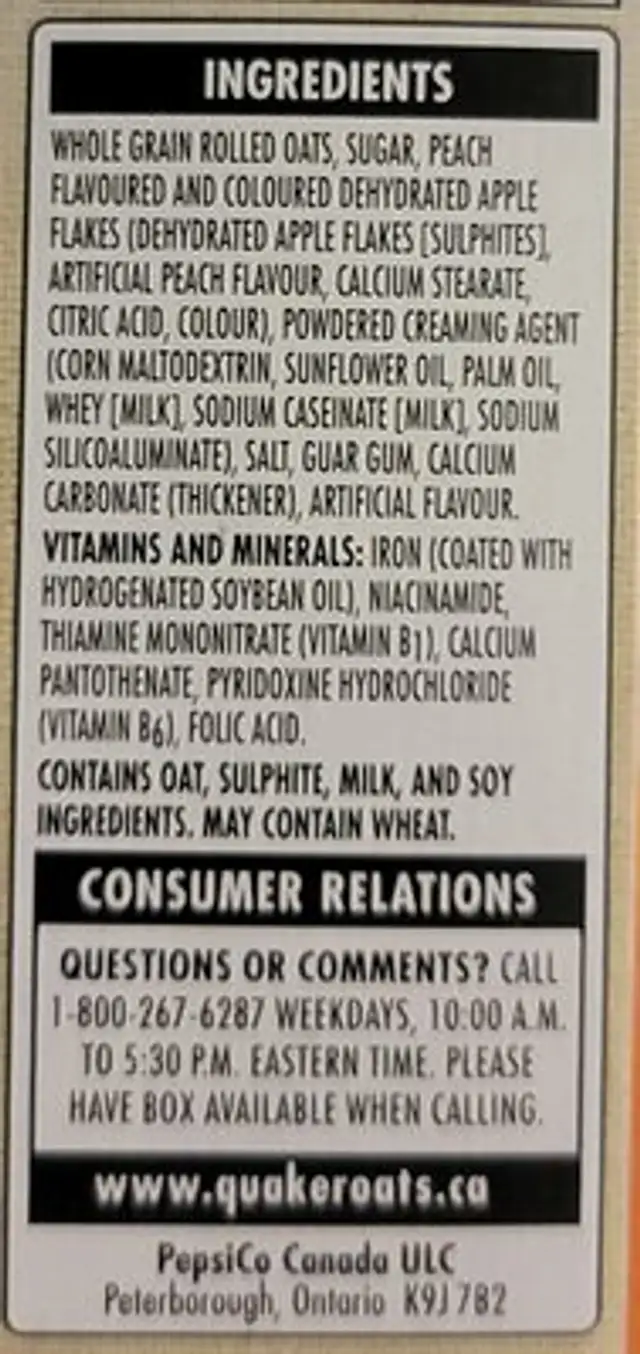 Instant Oatmeal Peaches & Cream ingredients label