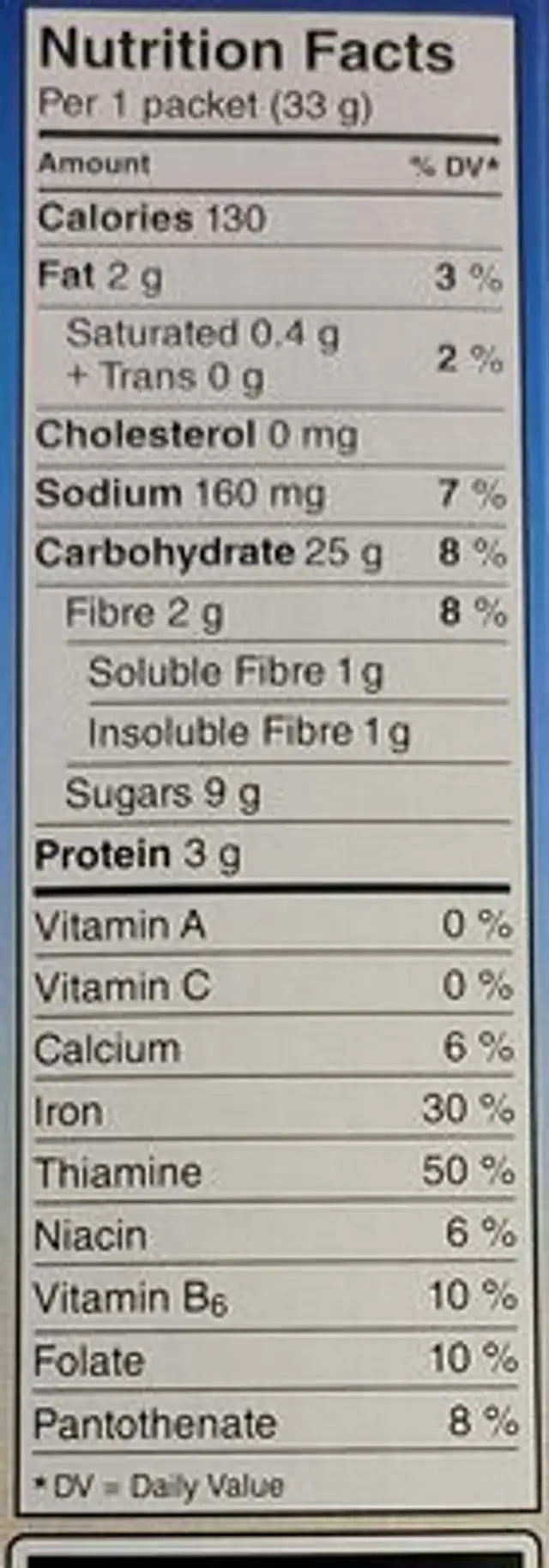 Instant Oatmeal Peaches & Cream nutrition facts table