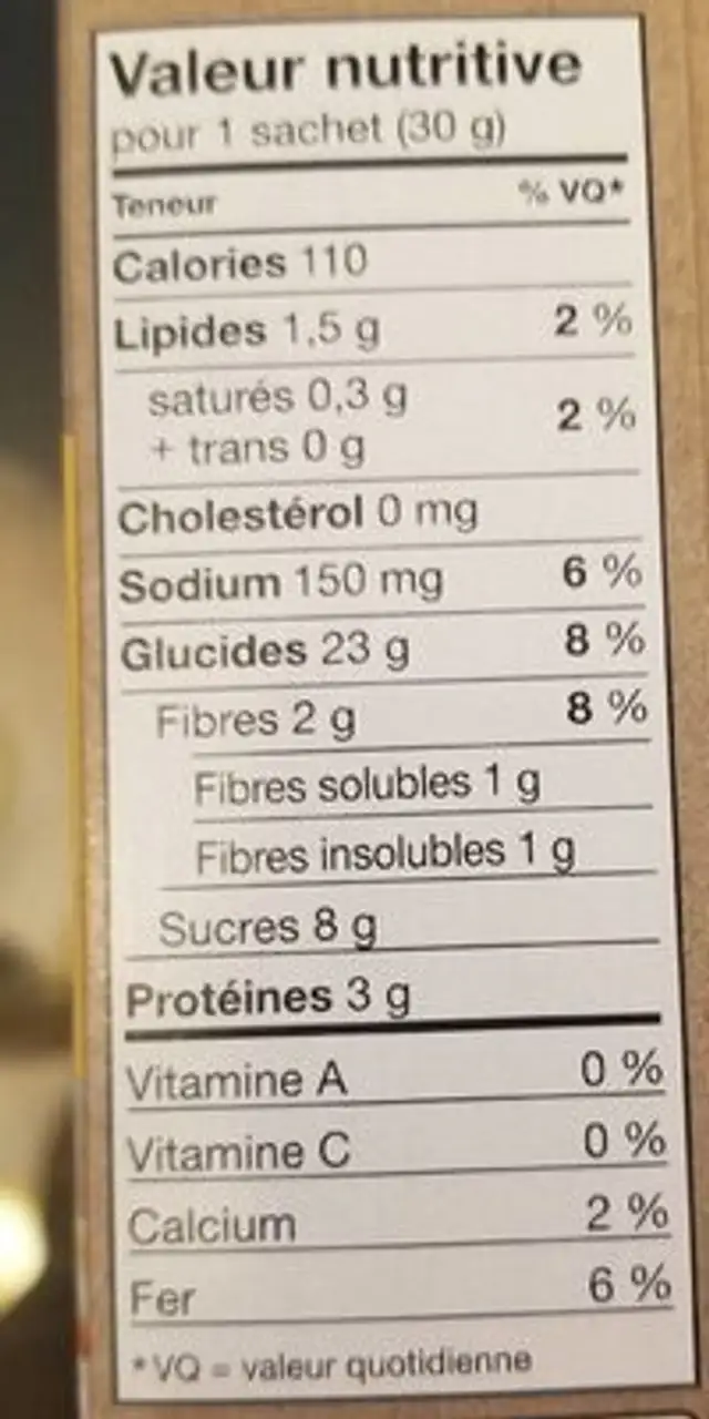 Quaker bananes et crème nutrition facts table