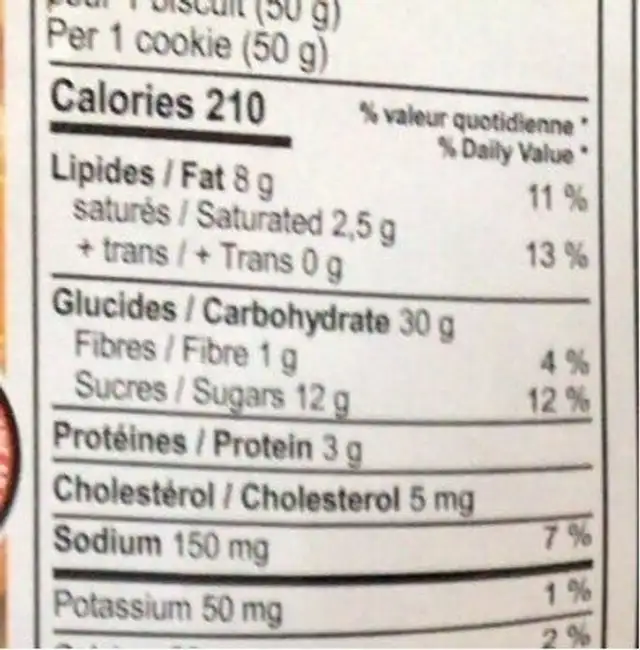 Galette d’avoine nutrition facts table