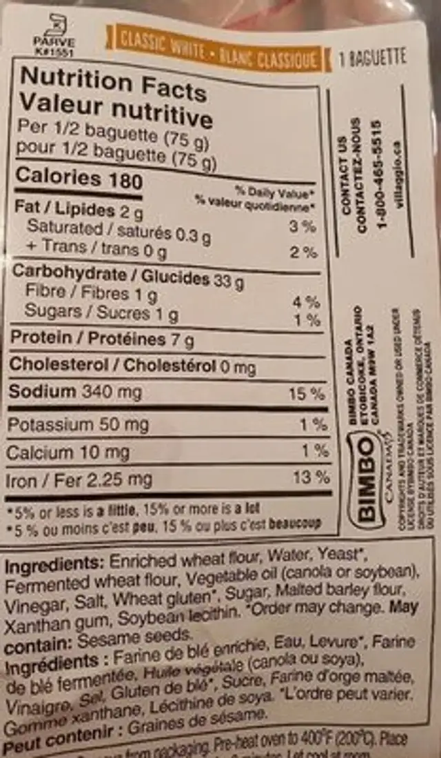 Artesano baguette nutrition facts table