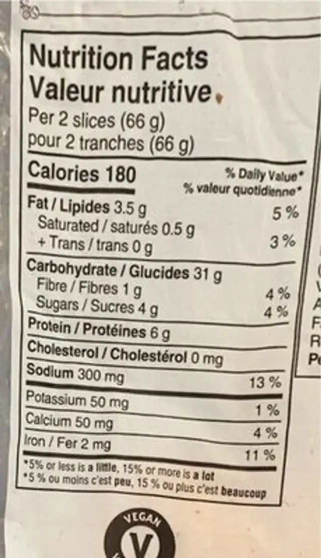 Artesano Style Bread Brioche Style nutrition facts table
