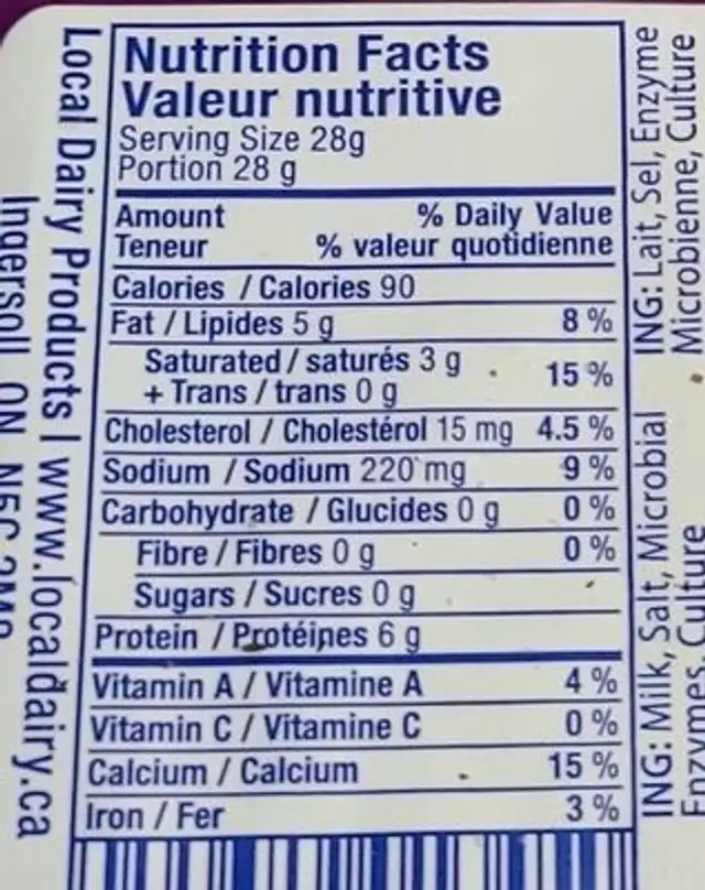 Queso Cotija nutrition facts table