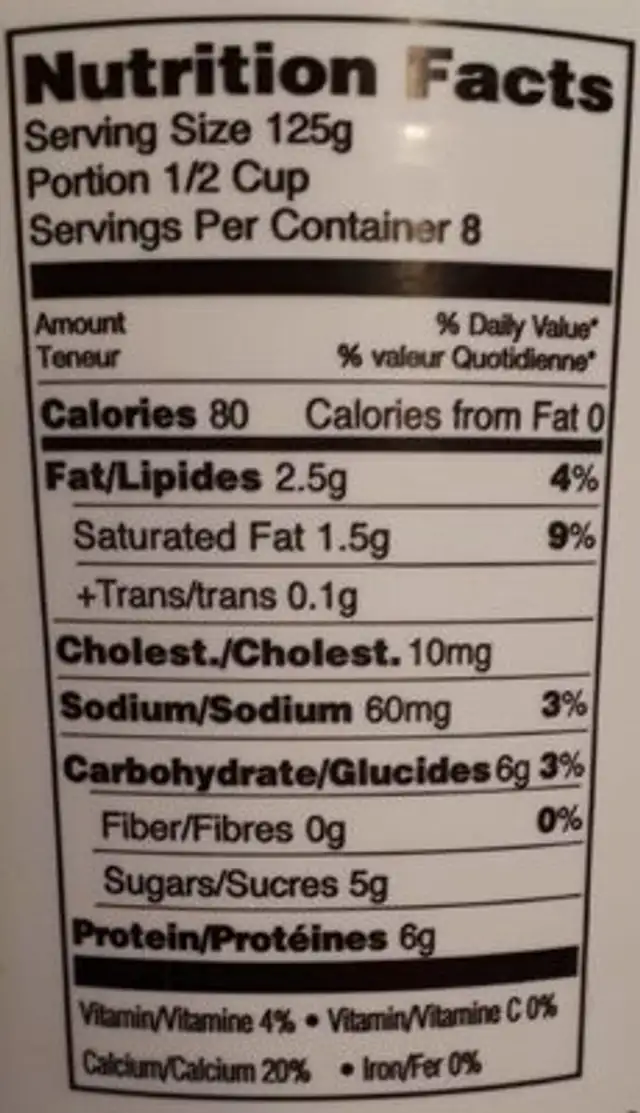 Yogourt nutrition facts table