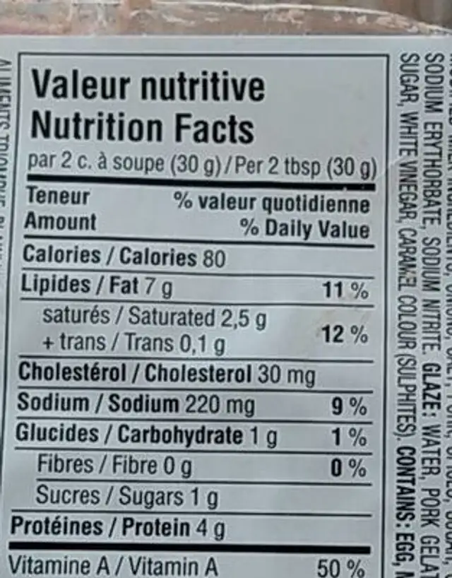 Pâte de foie nutrition facts table