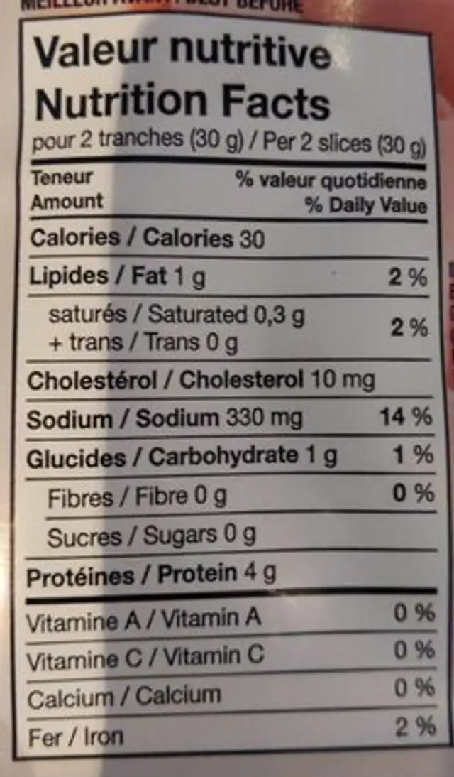 Jambon blanc cuit Parisien nutrition facts table
