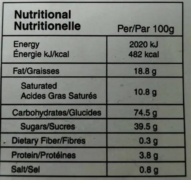 Int'l Econo Maple Leaf Creme cookies nutrition facts table