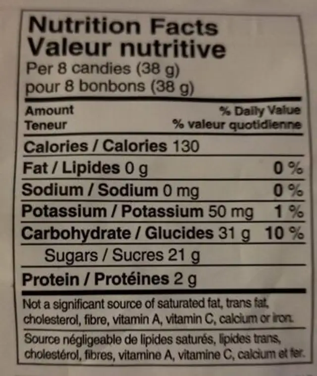 Real Fruit Gummies nutrition facts table