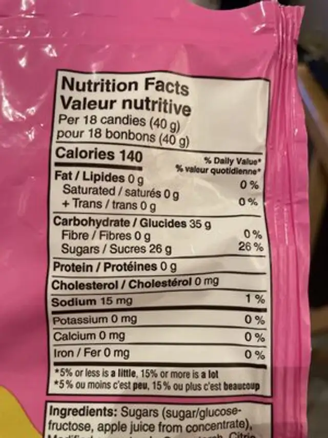Juicee Jelly Beans nutrition facts table
