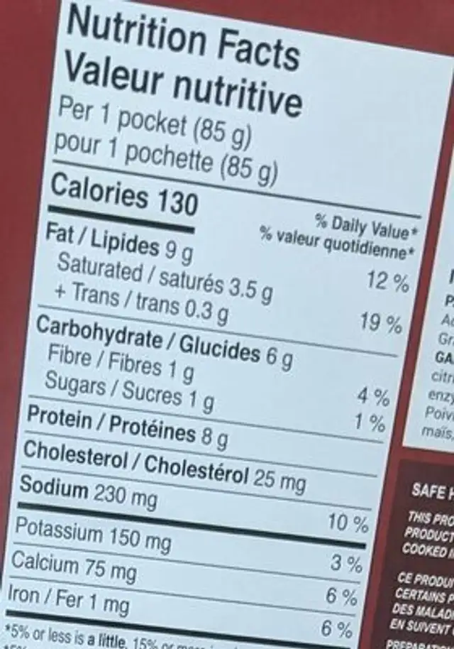 Supreme Pockets - Beef and Veggie nutrition facts table