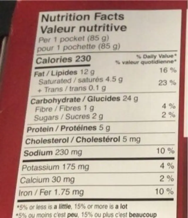 Pepperoni pockets nutrition facts table