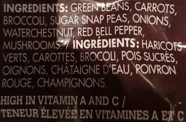 Asian Style Stir fry ingredients label