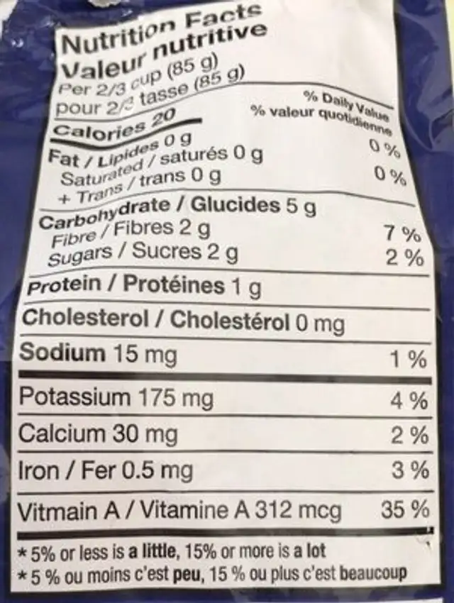 Legumes congelés nutrition facts table