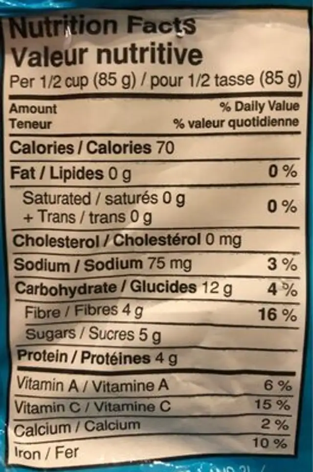 Petits pois nutrition facts table