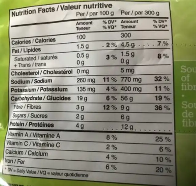 Protéines veg-e nutrition facts table