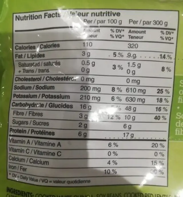 Quinoa et fèves de soja nutrition facts table