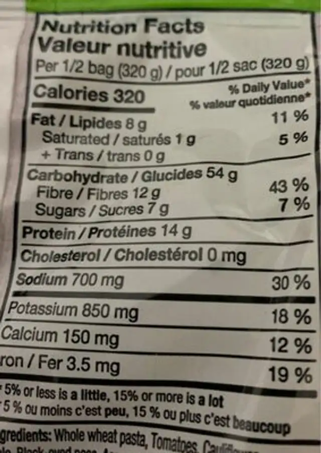 One pot nutrition facts table