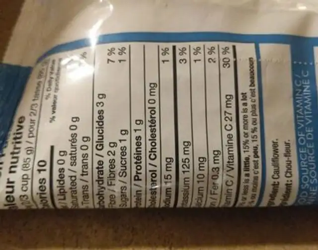 Chou fleur en riz nutrition facts table