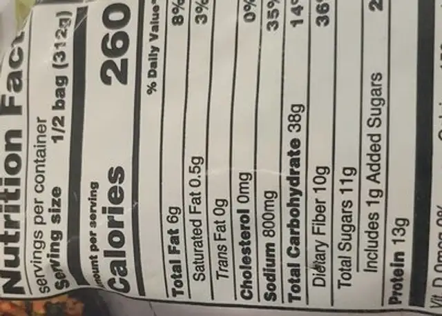 One Pot Asian Rice nutrition facts table