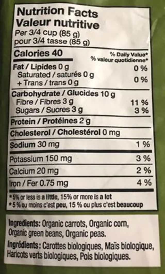 Mixed vegetables nutrition facts table