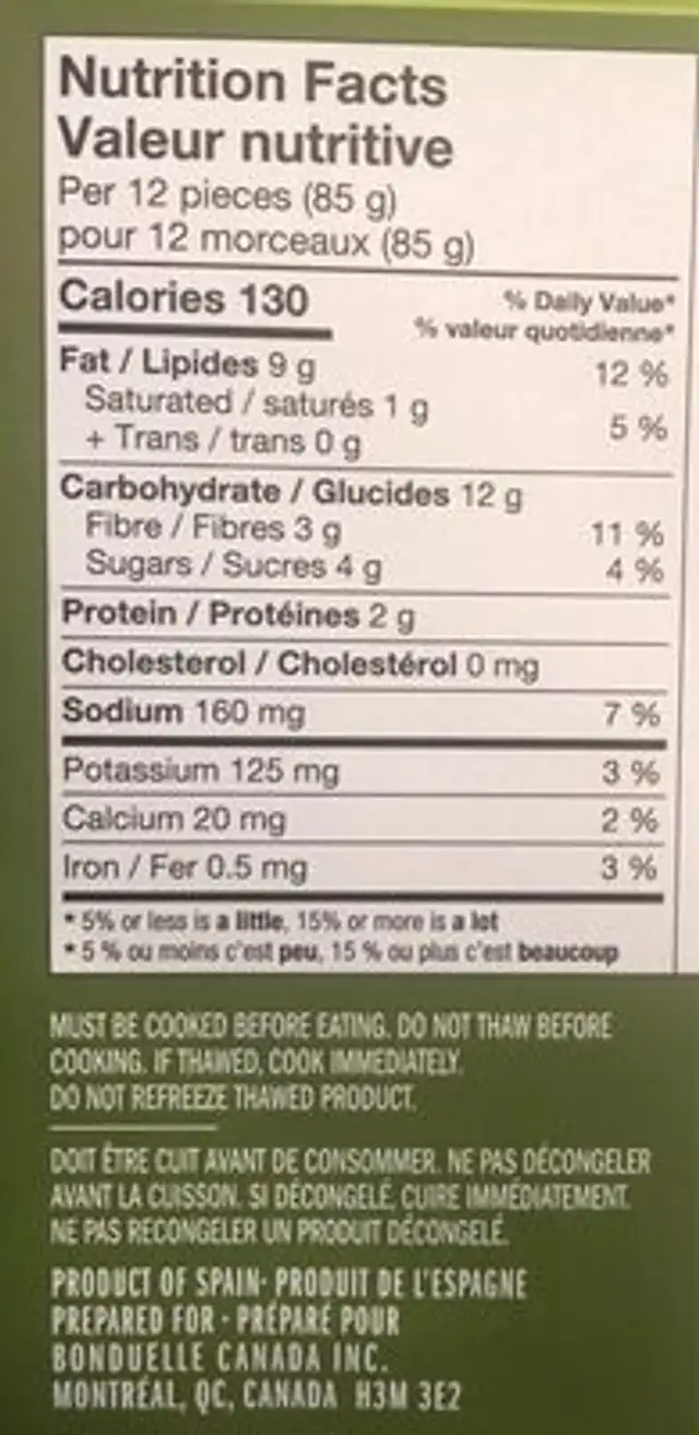 Vegetables Tempura nutrition facts table