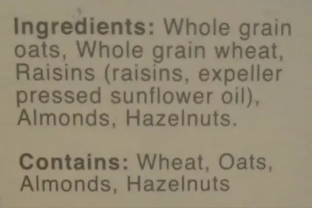 Muesli Cereal No Sugar Added ingredients label