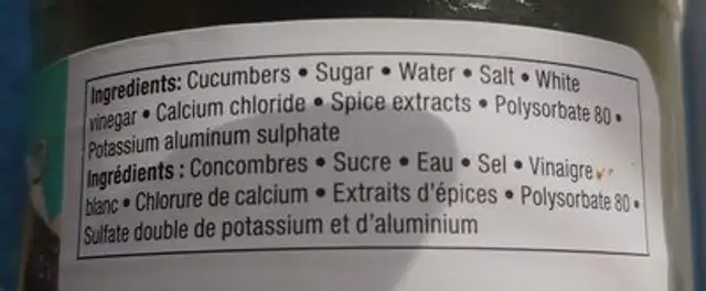 Sweet gherkins ingredients label